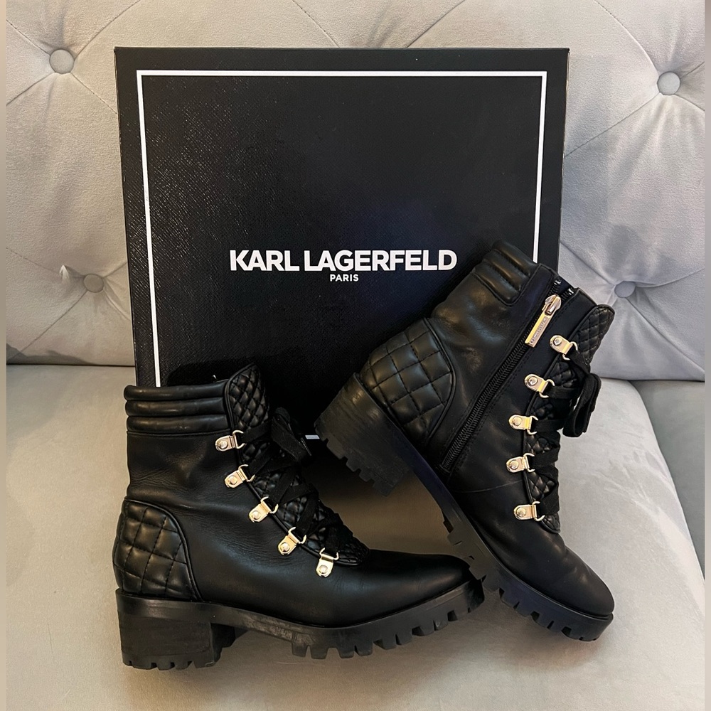 Karl Lagerfeld Paris Pervot black combat style boot with lug gold hardware 7.5
